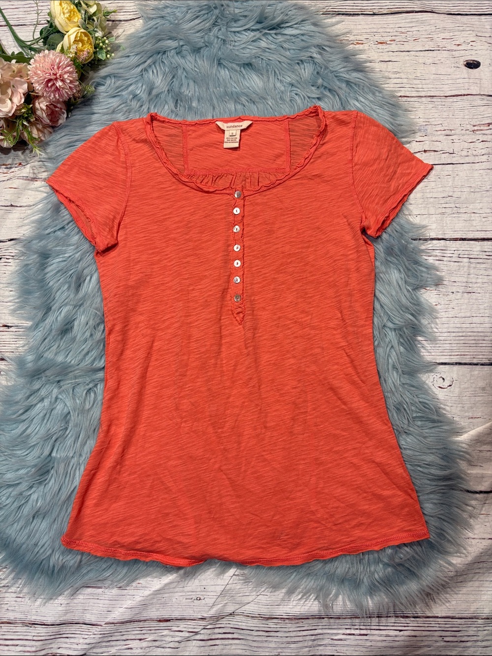 Sundance Orange Henley Raw Hem Short Sleeve Cotton Tee